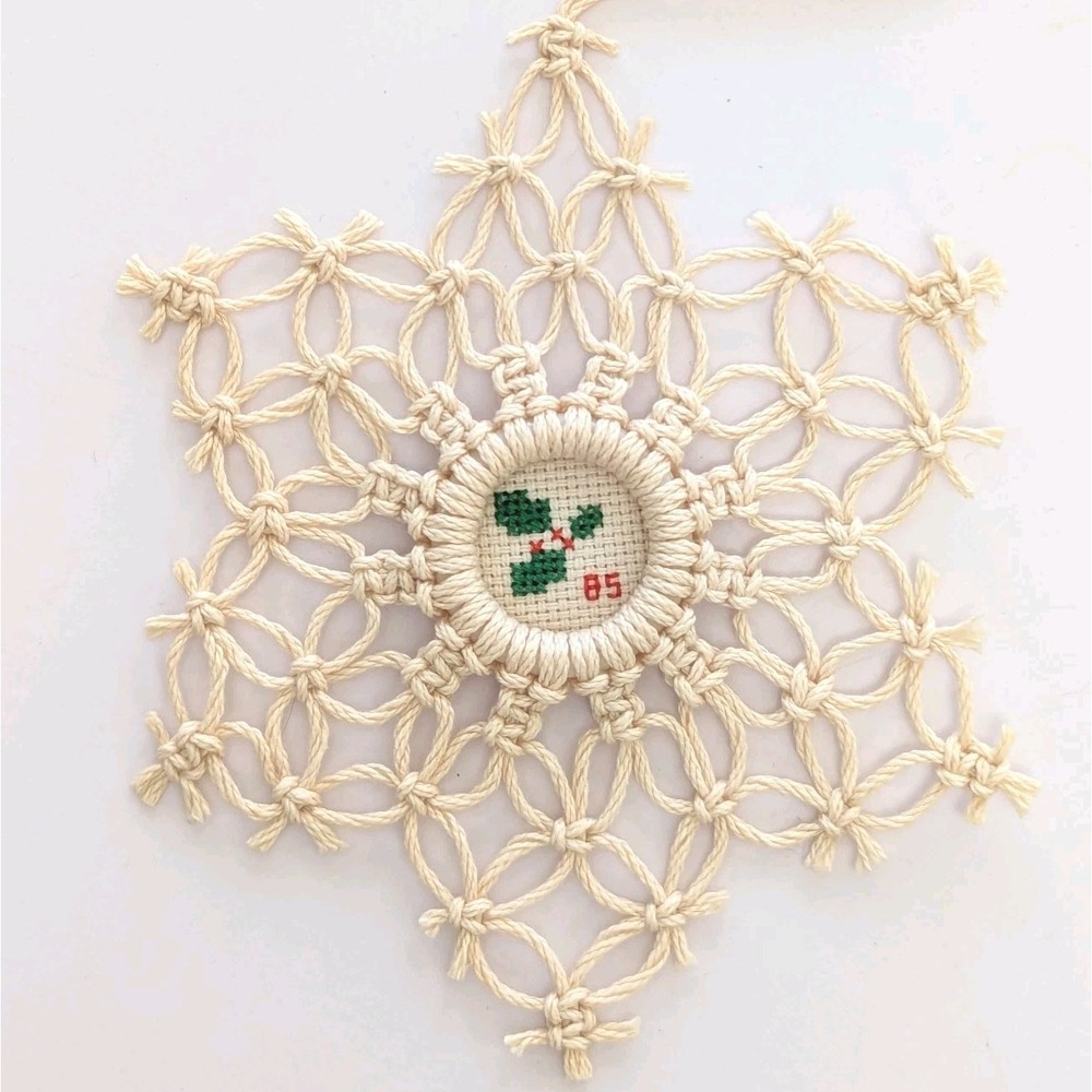 Vtg Handmade Micro Mini Cross-Stitch Stiffened Snowflake Christmas Ornament '85